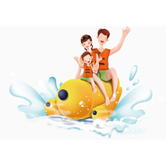 一家人夏日水上玩耍卡通场景装饰元素