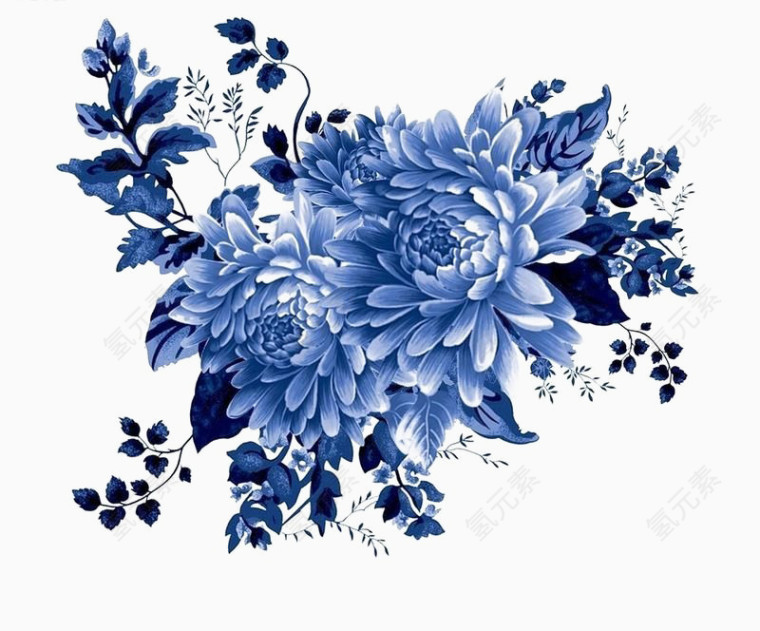 花卉工笔画墨蓝色叶子素材
