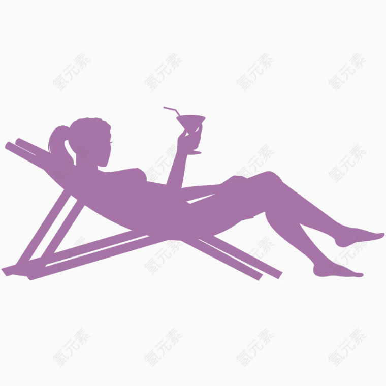 卡通海边躺椅喝饮料剪影女子