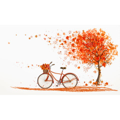 秋风中枫树下的橙色自行车