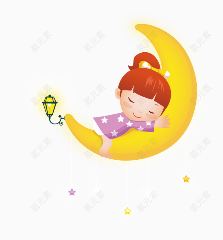 卡通手绘睡在月亮的上小女孩