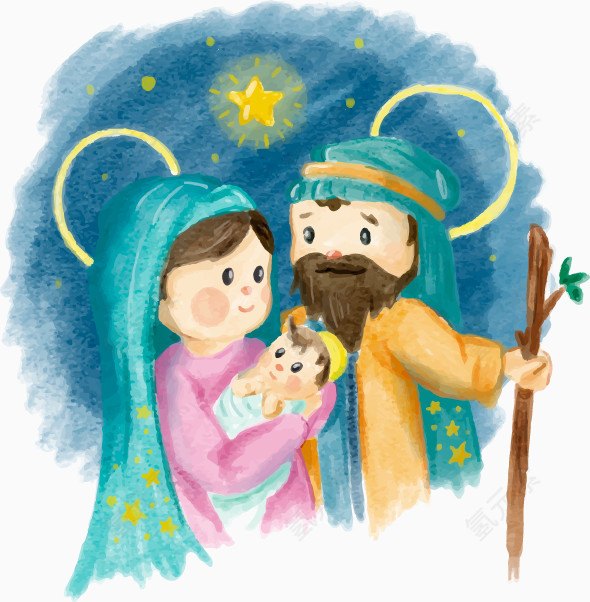 手绘水彩耶稣诞生