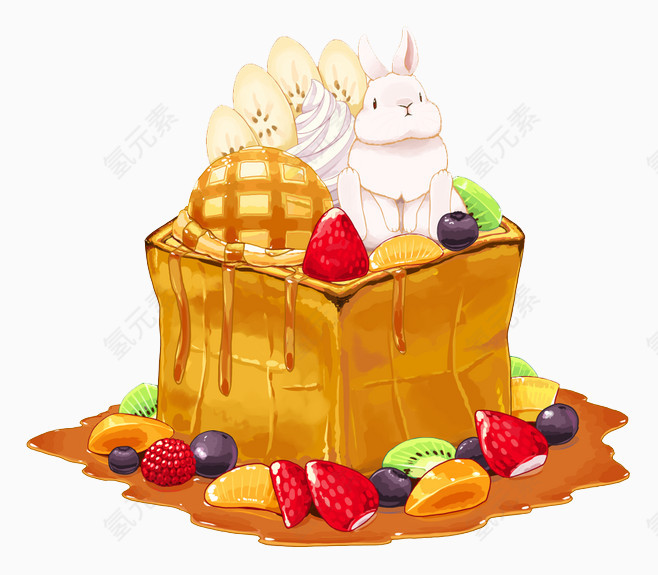 坐在方形蛋糕上的兔子