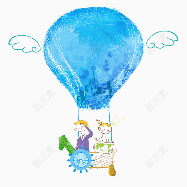 蓝色手绘热气球与男孩女孩