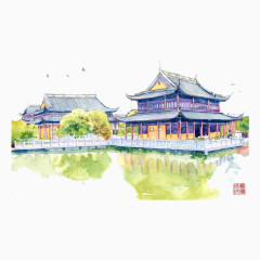 唯美插画中国建筑寺庙