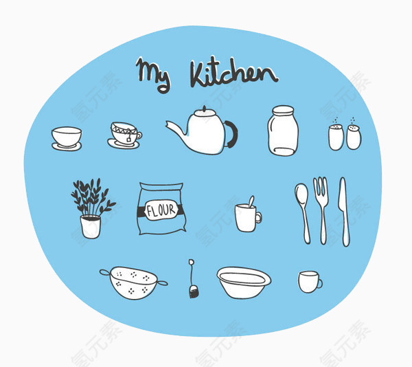 圆形蓝底厨房元素图