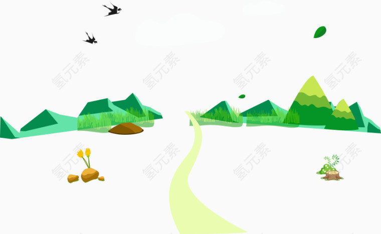 山峰山路石头燕子水彩卡通手绘装饰元素