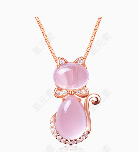 粉色水晶黄金小猫蝴蝶结带钻项链