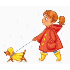 卡通手绘雨中遛狗女孩
