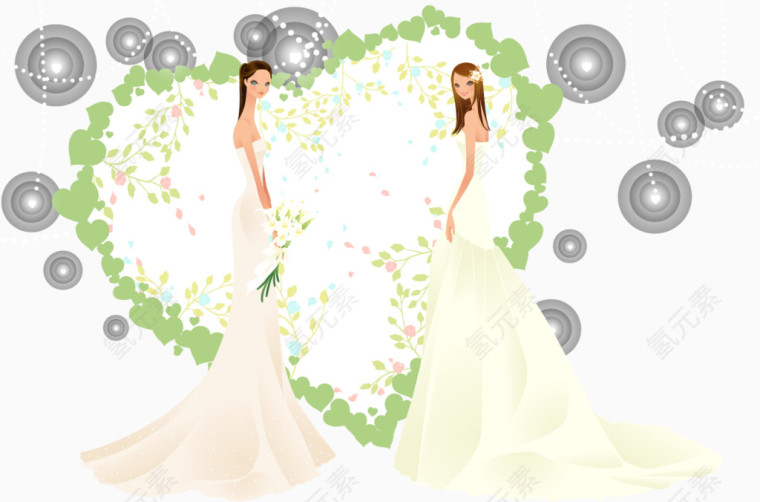 新娘和心形花朵婚纱照矢量素材