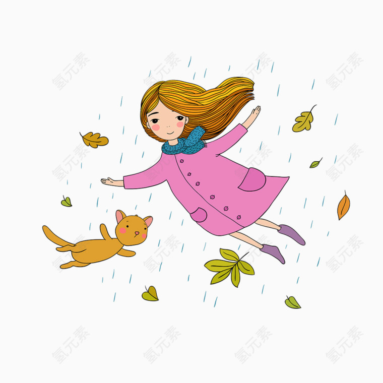 在风雨中飞舞的小女孩和树叶矢量素材