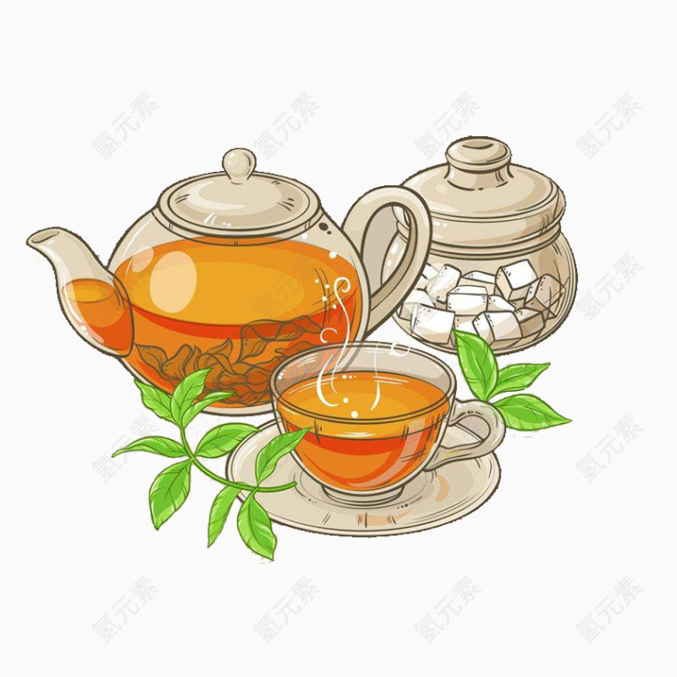 茶壶茶匙泡茶手绘装饰元素