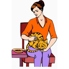 卡通坐在椅子上抱着猫的女人