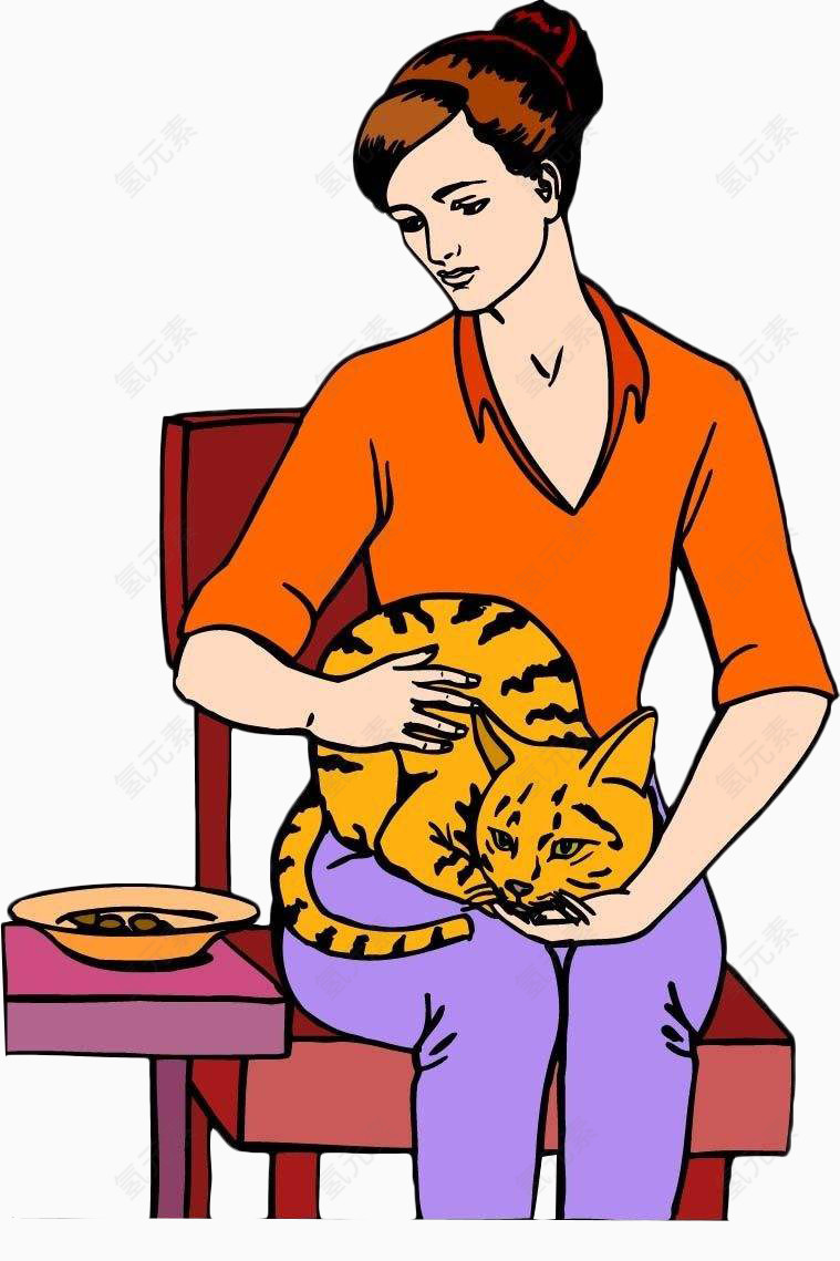 卡通坐在椅子上抱着猫的女人