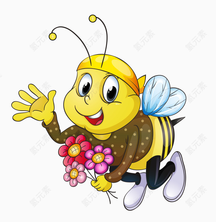卡通手绘拿着鲜花的小蜜蜂