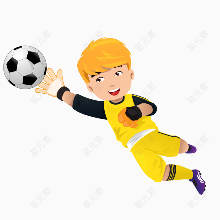 卡通手绘黄色衣服手接足球男孩