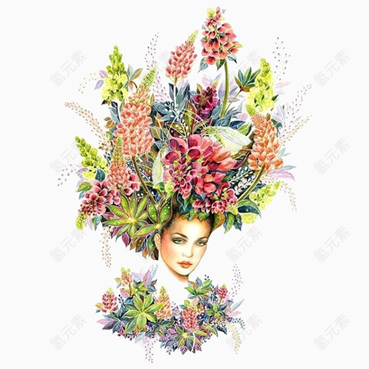 手绘女人时尚服装设计元素花卉植物