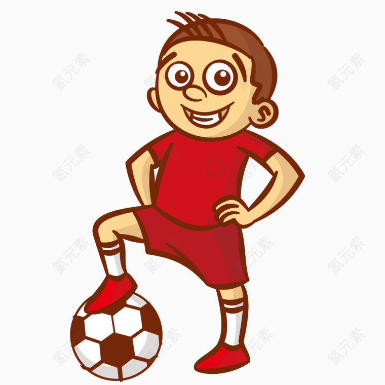卡通手绘红色衣服踩足球男孩