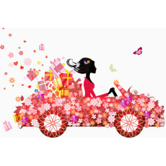 开车购物花朵美女剪影卡通手绘水彩