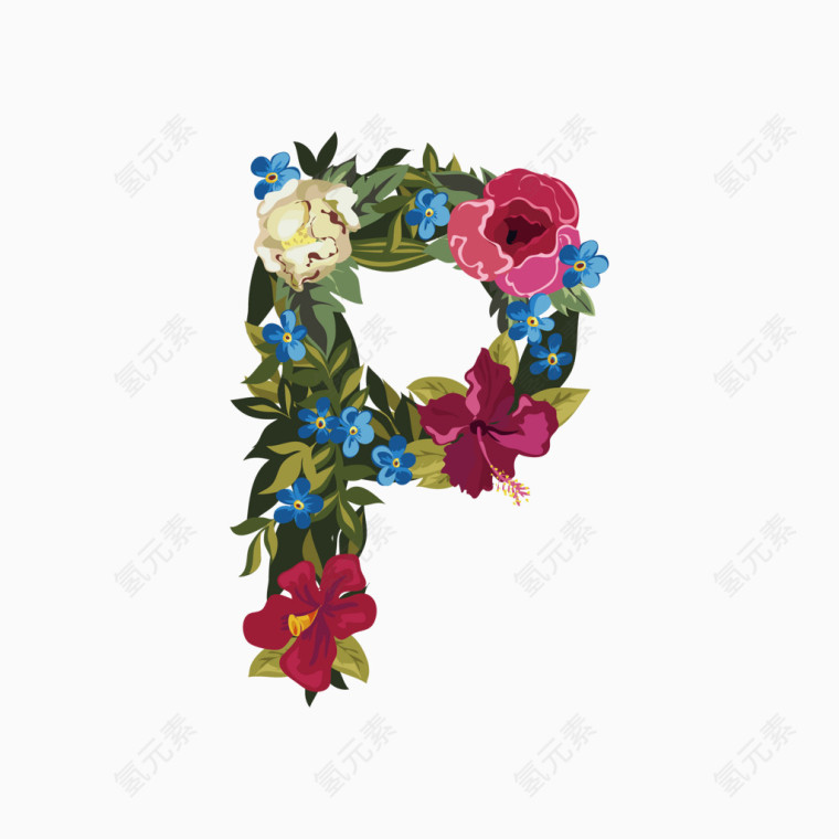 彩色花朵英文字体字母P