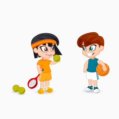 卡通女孩打网球踢足球的男孩