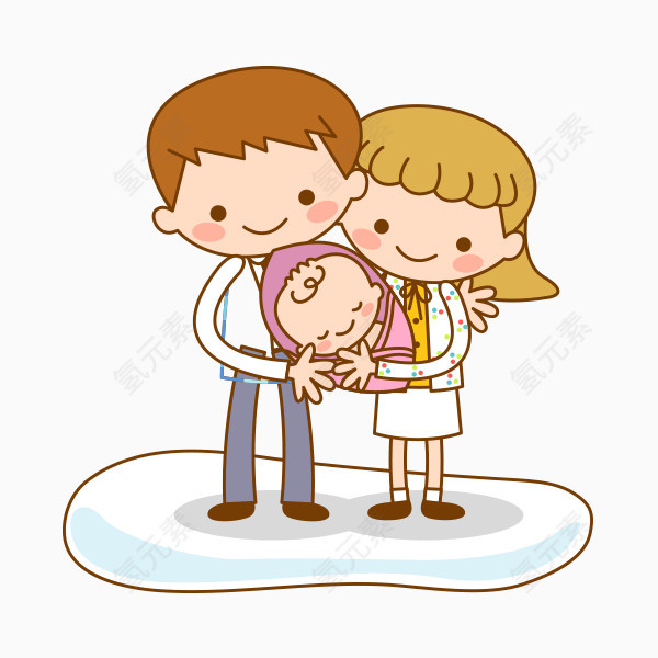 卡通手绘一对夫妻抱着婴儿png图片