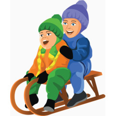 卡通绘画玩雪橇的小男孩