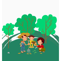 卡通手绘一家三口植树
