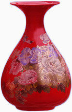 红色喜庆陶瓷牡丹花瓶