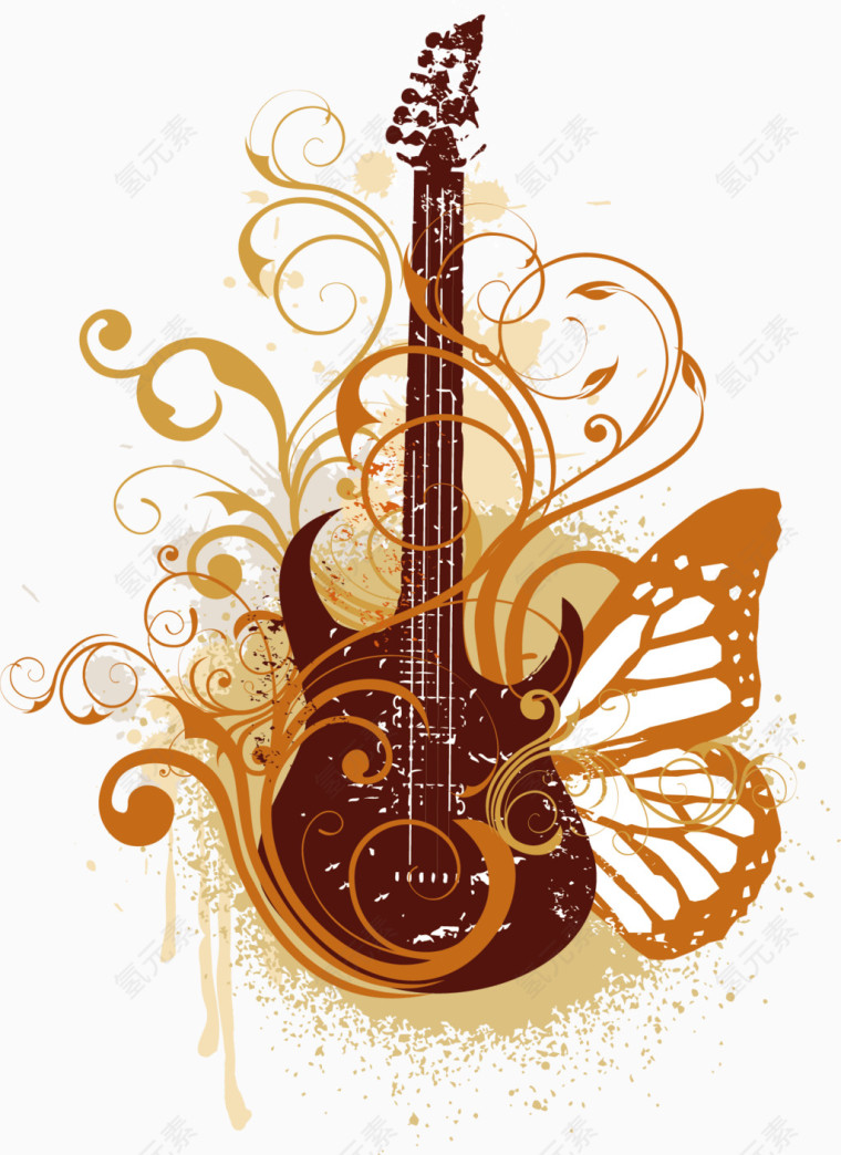 蝴蝶花纹吉他乐器矢量素材