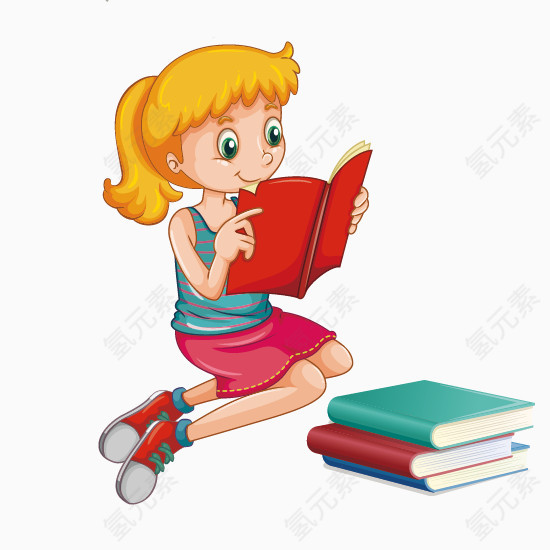 卡通手绘坐着看书的女孩 