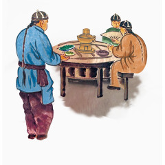 中式古时候吃火锅场景卡通手绘