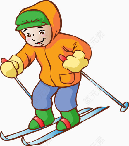 卡通绘画滑雪的小男孩