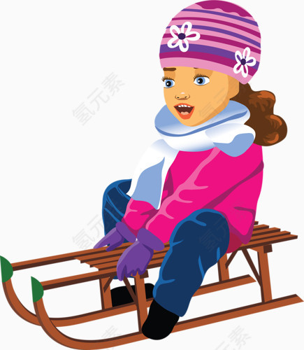 卡通绘画玩雪橇的小女孩