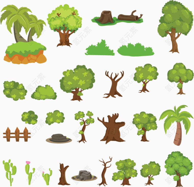 多种不同树木树干卡通手绘
