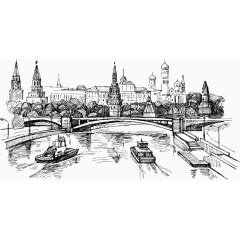 手绘线稿欧洲河道建筑