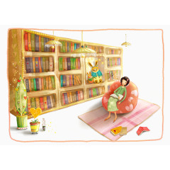 手绘清新书房里看书的女孩