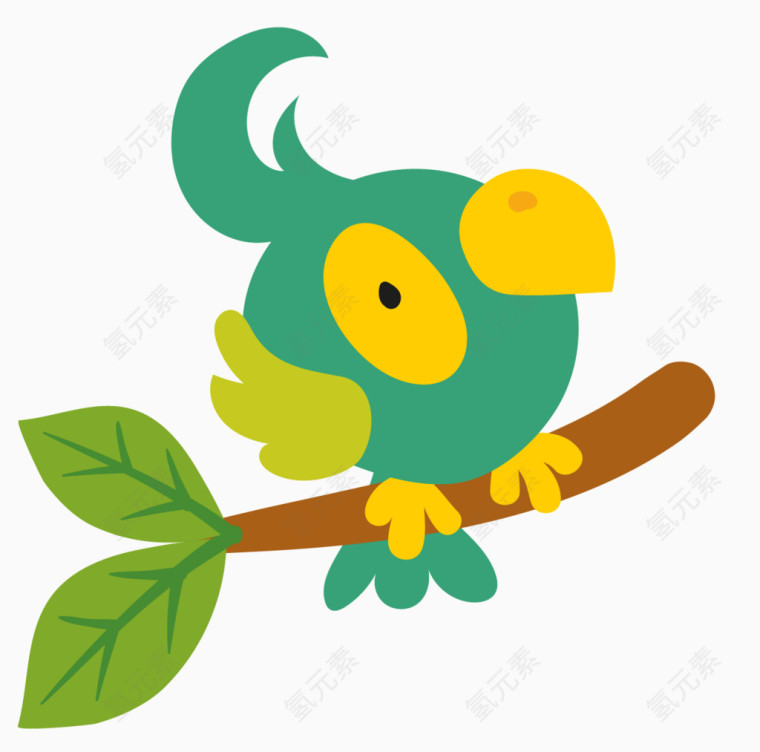 卡通手绘站在树枝上的绿色小鸟 