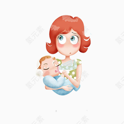 手绘抱着婴儿喂奶粉的妈妈PNG素材
