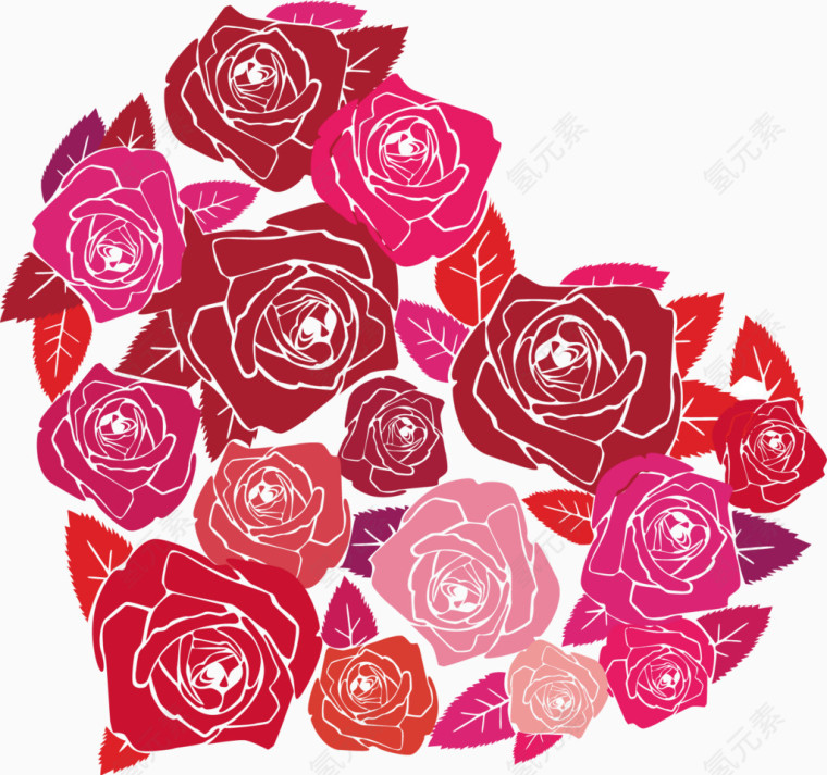情人节玫瑰花拼接的心水彩插画装饰元素
