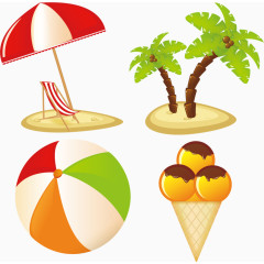 沙滩椅椰子树雪糕沙滩球卡通手绘装饰元素