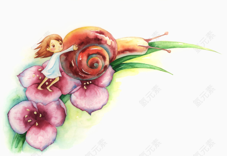 简约清新花朵上的蜗牛女孩插画