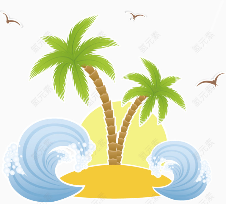 椰子树沙滩浪花卡通手绘装饰元素