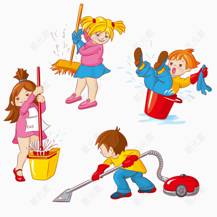 卡通打扫卫生的儿童