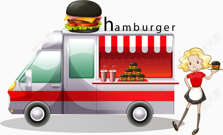 矢量汉堡快餐车与美女素材
