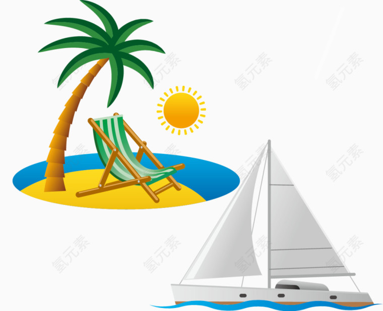 沙滩元素船卡通手绘装饰元素