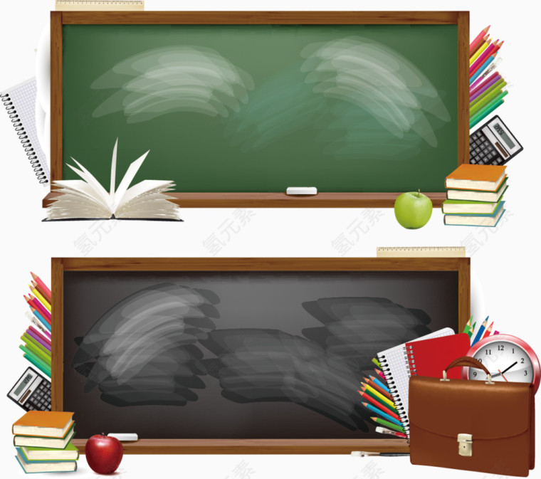 开学季手绘黑板书本苹果闹钟书包计算器