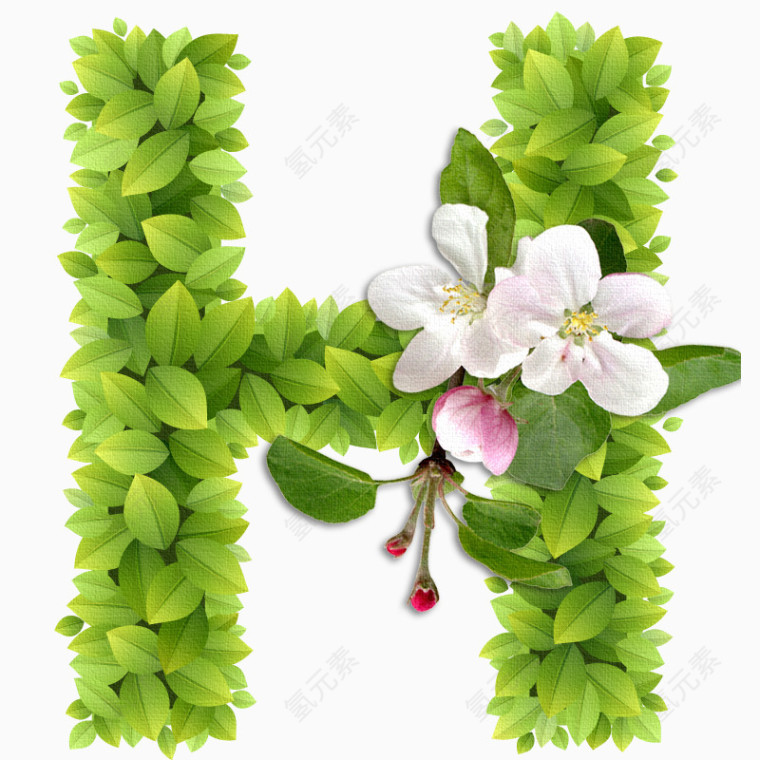 春意盎然的绿叶花卉字母H