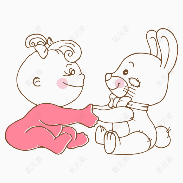 卡通手绘小孩和兔子