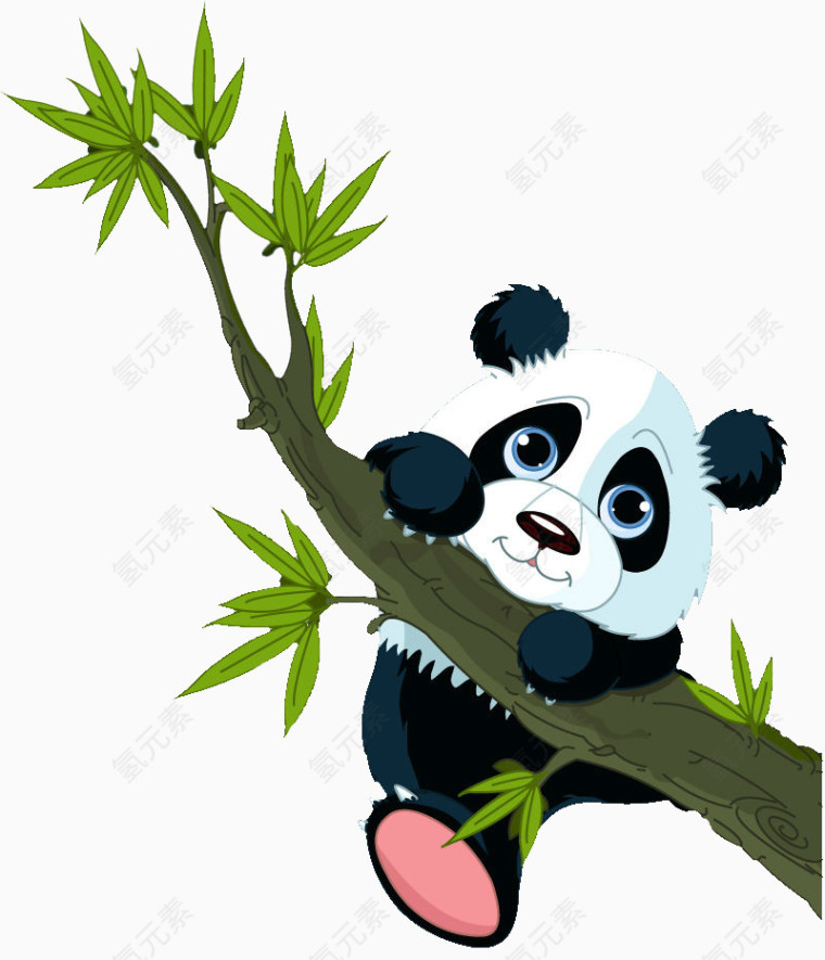 卡通手绘挂在树上的小熊猫